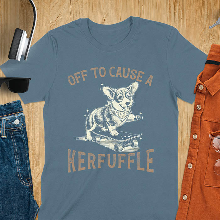 Indigo blue t-shirt with Off To Cause A Kerfuffle text and cute corgi puppy attempting skateboarding illustration