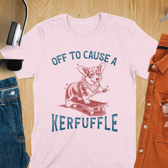 Light pink t-shirt with Off To Cause A Kerfuffle text and cute corgi puppy attempting skateboarding illustration