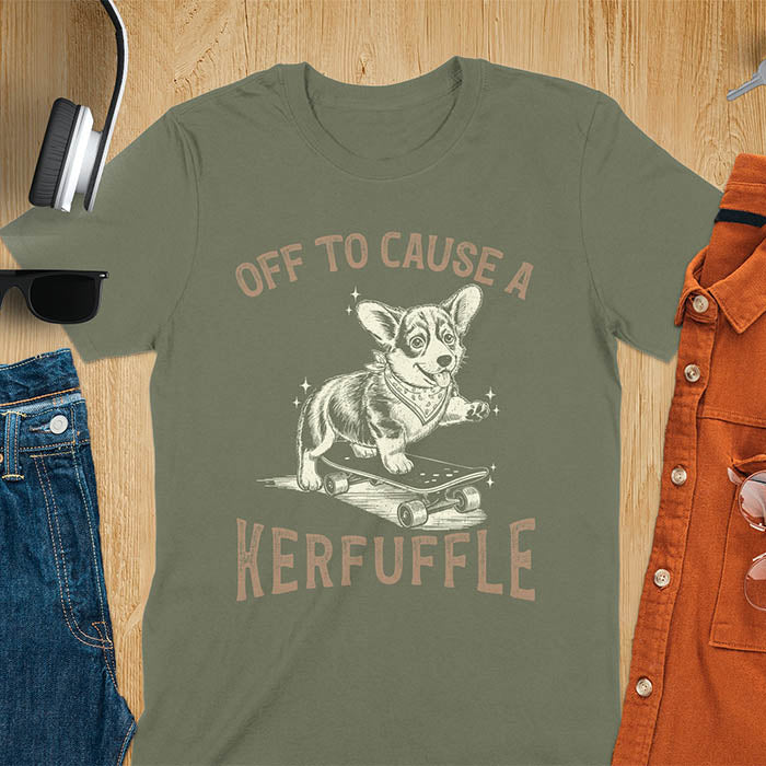 Military Green Light blue t-shirt with Off To Cause A Kerfuffle text and cute corgi puppy attempting skateboarding illustration