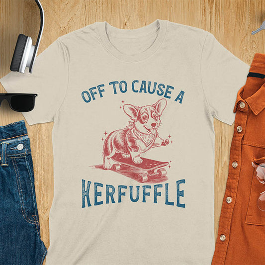 Sand color t-shirt with Off To Cause A Kerfuffle text and cute corgi puppy attempting skateboarding illustration