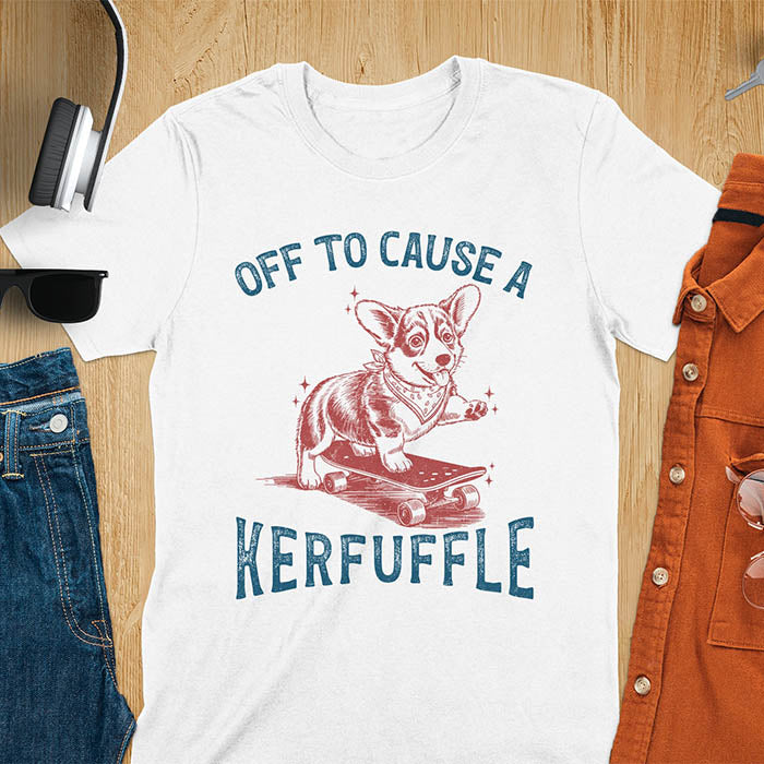 White t-shirt with Off To Cause A Kerfuffle text and cute corgi puppy attempting skateboarding illustration