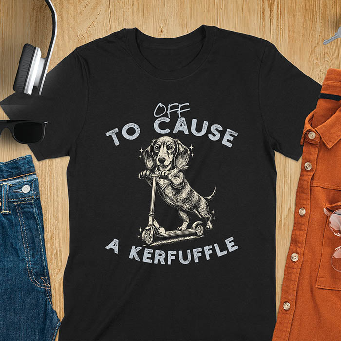 Dachshund on kick scooter illustrated graphic with Off To Cause A Kerfuffle text on black t-shirt
