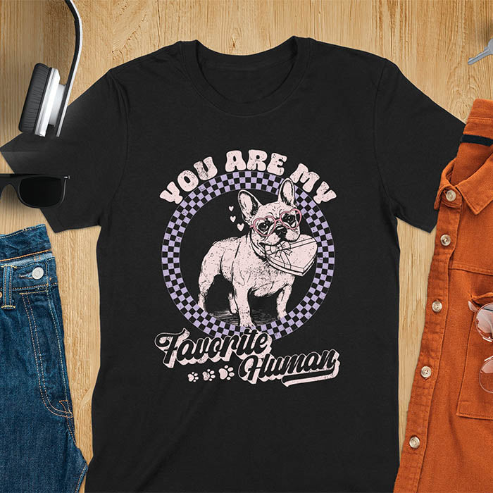 You Are My Favorite Human French Bulldog graphic tee with purple checkered circle design and paw prints on black shirt
