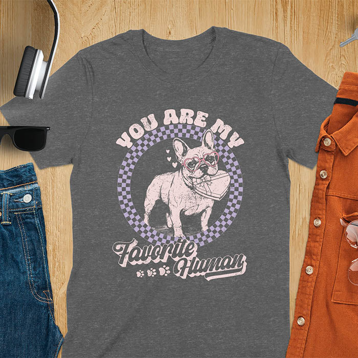 You Are My Favorite Human French Bulldog graphic tee with purple checkered circle design and paw prints on dark heather shirt