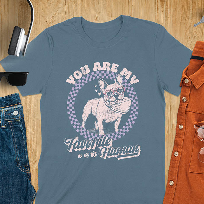 You Are My Favorite Human French Bulldog graphic tee with purple checkered circle design and paw prints on indigo blue shirt