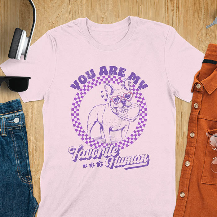 You Are My Favorite Human French Bulldog graphic tee with purple checkered circle design and paw prints on light pink shirt