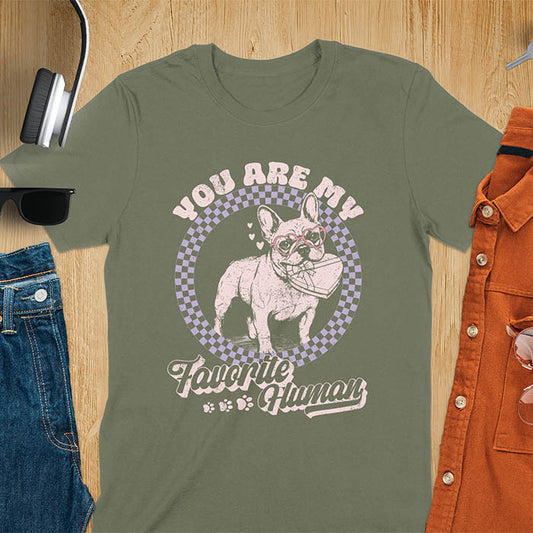 You Are My Favorite Human French Bulldog graphic tee with purple checkered circle design and paw prints on military green shirt