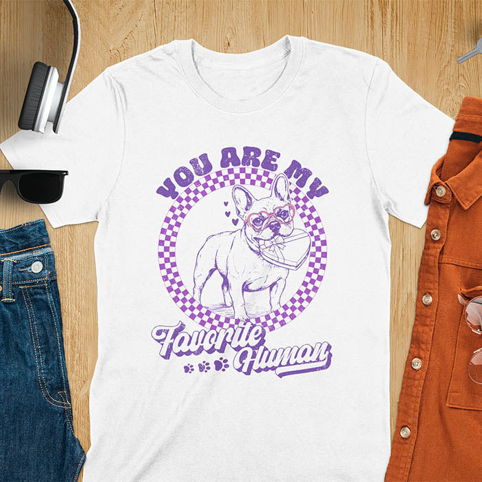 You Are My Favorite Human French Bulldog graphic tee with purple checkered circle design and paw prints on white shirt