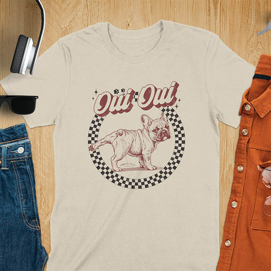 French Bulldog Oui Oui pun t-shirt with checkered circle border and retro script lettering on sand color tee