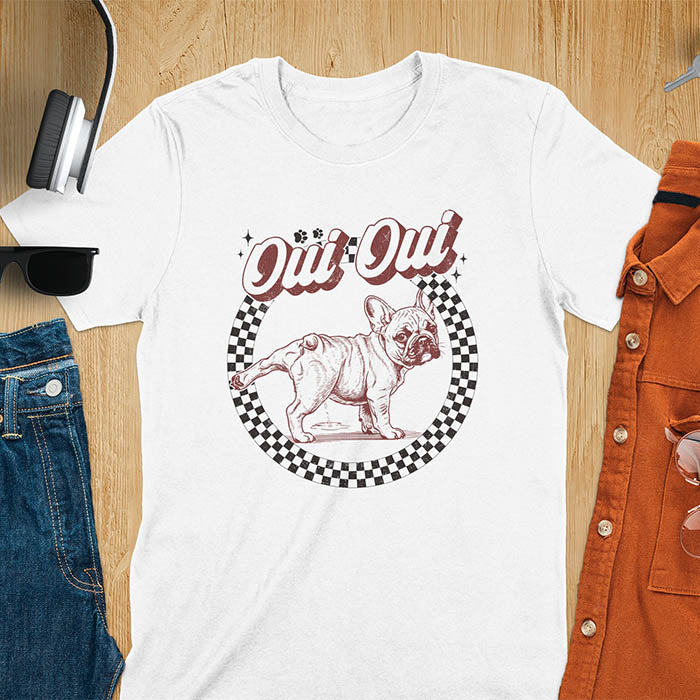 French Bulldog Oui Oui pun t-shirt with checkered circle border and retro script lettering on white tee
