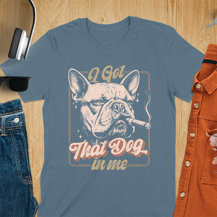 I Got That Dog In Me French Bulldog meme design with cigar smoking Frenchie in vintage retro frame graphic on inidgo blue t-shirt