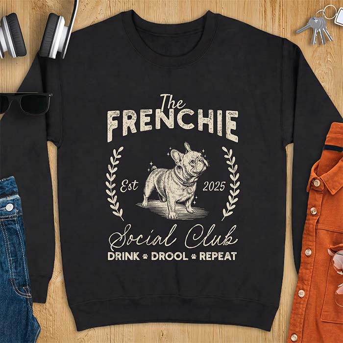 Black sweatshirt with a vintage badge graphic of a French Bulldog wearing a collar and tag framed by a laurel wreath, and the text The Frenchie, Est 2025, Social Club, Drink Drool Repeat