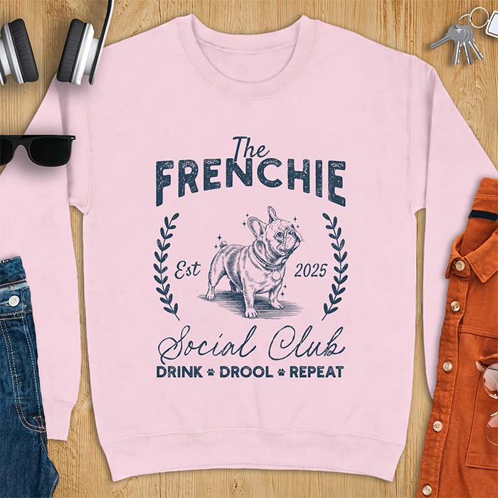 Light Pink sweatshirt with a vintage badge graphic of a French Bulldog wearing a collar and tag framed by a laurel wreath, and the text The Frenchie, Est 2025, Social Club, Drink Drool Repeat