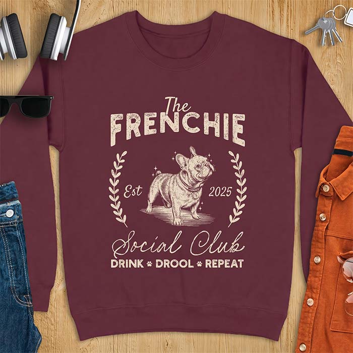 Maroon sweatshirt with a vintage badge graphic of a French Bulldog wearing a collar and tag framed by a laurel wreath, and the text The Frenchie, Est 2025, Social Club, Drink Drool Repeat