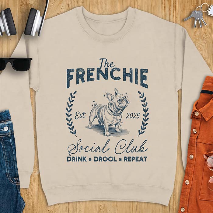 Sand sweatshirt with a vintage badge graphic of a French Bulldog wearing a collar and tag framed by a laurel wreath, and the text The Frenchie, Est 2025, Social Club, Drink Drool Repeat