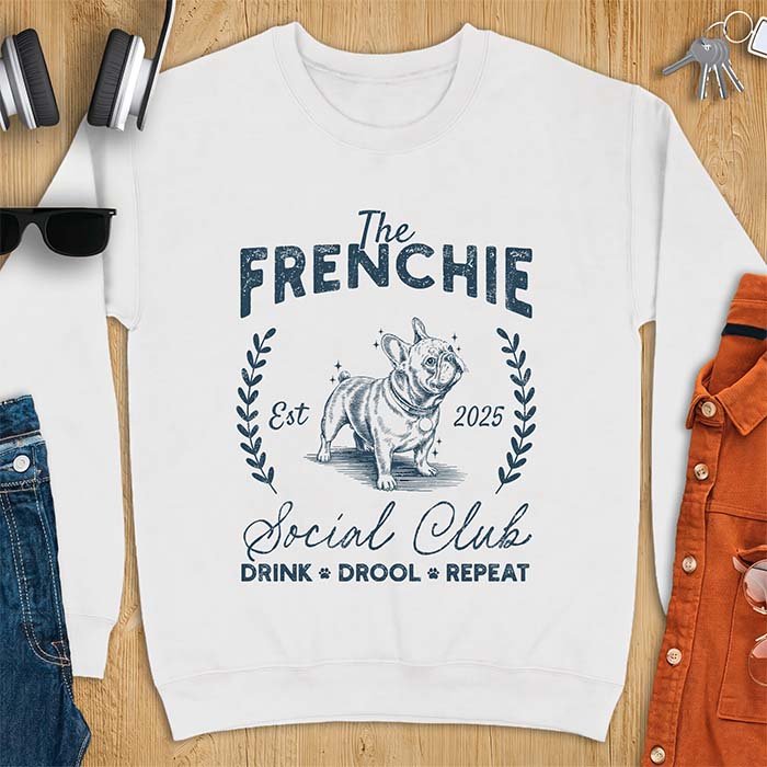 White sweatshirt with a vintage badge graphic of a French Bulldog wearing a collar and tag framed by a laurel wreath, and the text The Frenchie, Est 2025, Social Club, Drink Drool Repeat