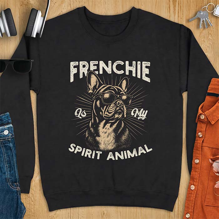 Black sweatshirt featuring a sunglasses-wearing French Bulldog with sunburst rays behind it and the text Frenchie Is My Spirit Animal.