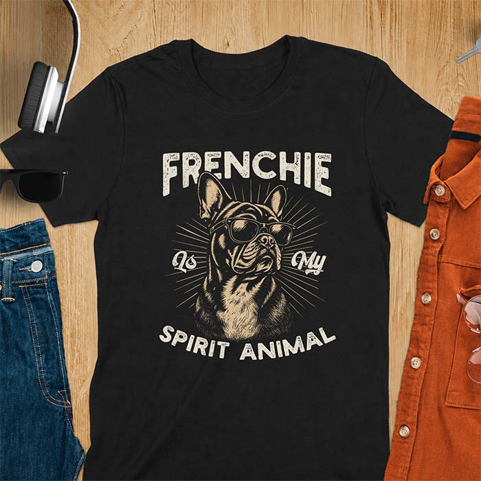 Black t-shirt featuring a sunglasses-wearing French Bulldog with sunburst rays behind it and the text Frenchie Is My Spirit Animal.