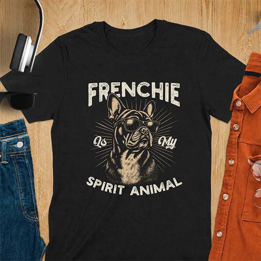 Black t-shirt featuring a sunglasses-wearing French Bulldog with sunburst rays behind it and the text Frenchie Is My Spirit Animal.