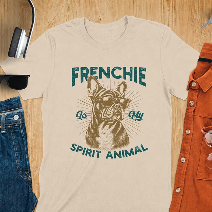 Sand t-shirt featuring a sunglasses-wearing French Bulldog with sunburst rays behind it and the text Frenchie Is My Spirit Animal.
