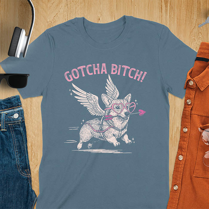 Gotcha Bitch Corgi cupid with angel wings heart glasses and arrow graphic tee on indigo blue shirt
