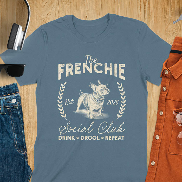 Indigo blue t-shirt with vintage French Bulldog graphic design featuring 'The FRENCHIE Social Club' text and Frenchie illustration.
