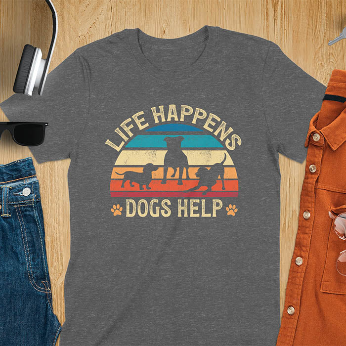 Life Happens Dogs Help vintage retro sunset with dog silhouettes and paw prints on dark heather t-shirt
