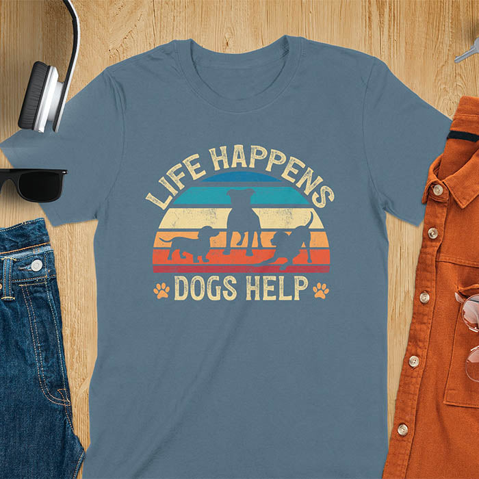 Life Happens Dogs Help vintage retro sunset with dog silhouettes and paw prints on indigo blue t-shirt