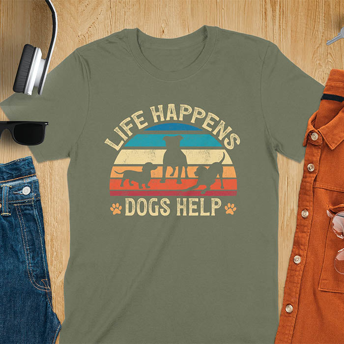 Life Happens Dogs Help vintage retro sunset with dog silhouettes and paw prints on military green t-shirt