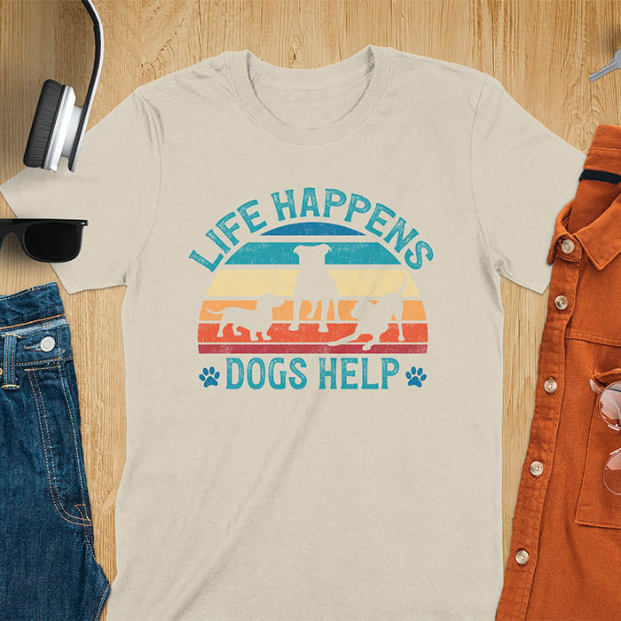 Life Happens Dogs Help vintage retro sunset with dog silhouettes and paw prints on sand t-shirt