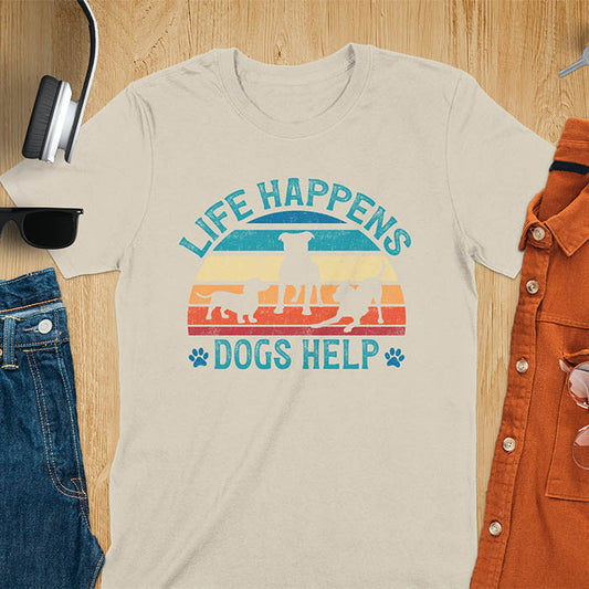 Life Happens Dogs Help vintage retro sunset with dog silhouettes and paw prints on sand t-shirt