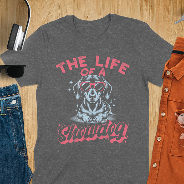 The Life of a Showdog vintage dachshund wearing sunglasses retro t-shirt design on dark heather tee