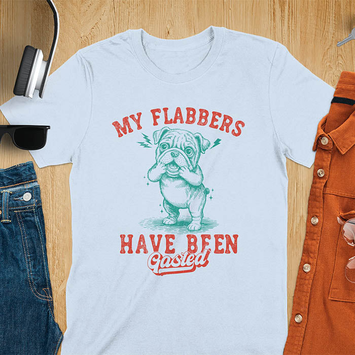 Light blue t-shirt with shocked bulldog puppy and red text My Flabbers Have Been Gasted