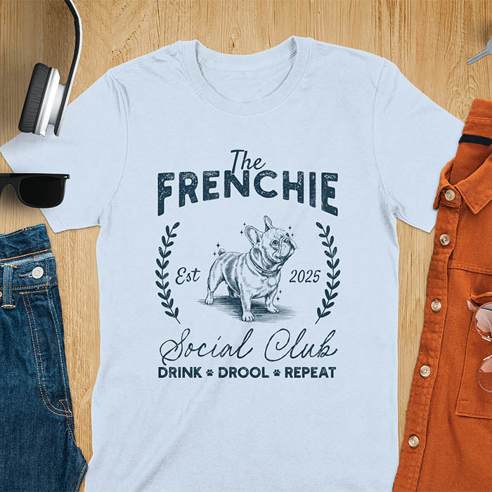 Light blue t-shirt with vintage French Bulldog graphic design featuring 'The FRENCHIE Social Club' text and Frenchie illustration.