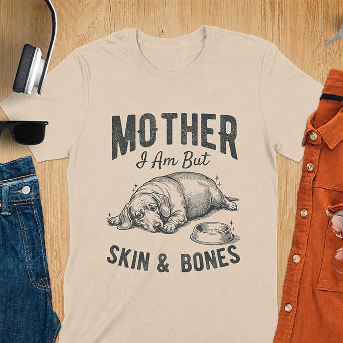Sand color graphic tee with vintage sketch of a chonky sausage dog lying next to an empty bowl, text reads Mother I Am But Skin And Bones