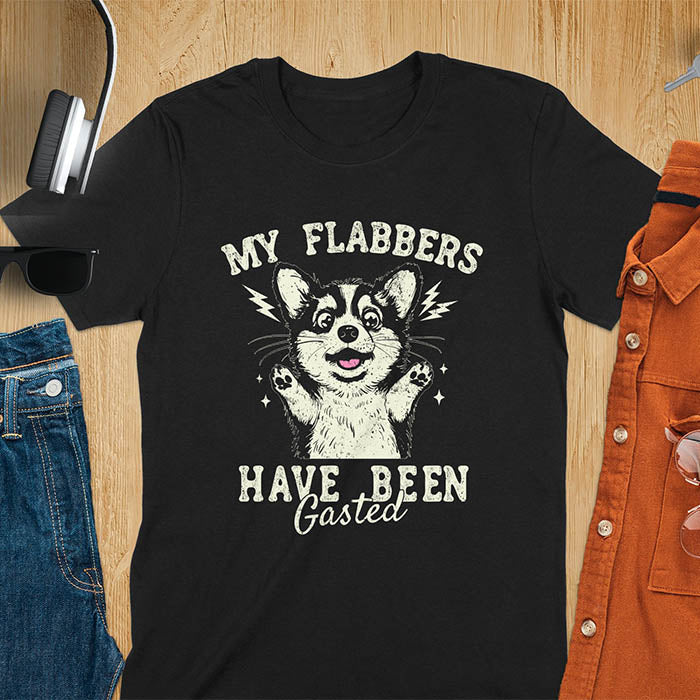 A black t-shirt with a bewildered corgi with its paws up. Text: MY FLABBERS above and HAVE BEEN GASTED below. This sarcastic tee-shirt features kawaiiness cuteness, a genz meme tee. A depress meme and anxiety tshirt, a funny gag gift. One of those shirts that go hard, a weirdcore memes and sad core aesthetic. A mom gift alternative.