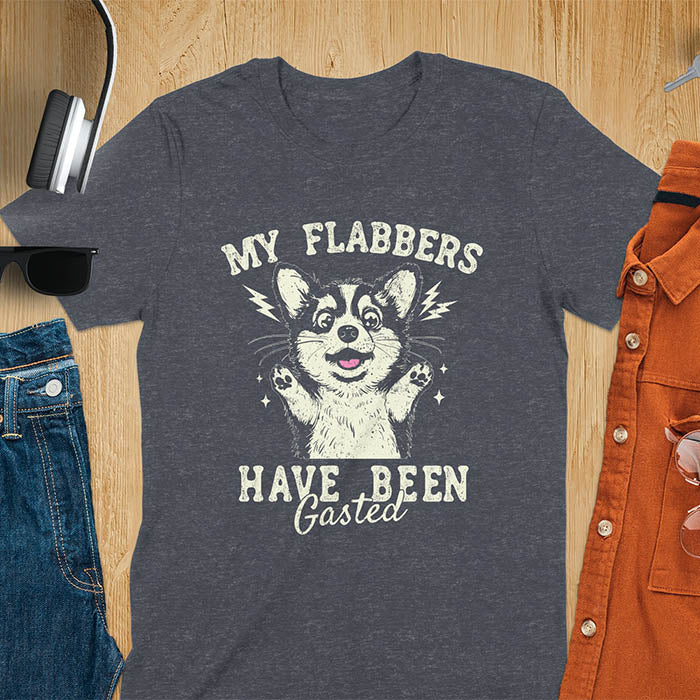 A dark heather t-shirt with a bewildered corgi with its paws up. Text: MY FLABBERS above and HAVE BEEN GASTED below. This sarcastic tee-shirt features kawaiiness cuteness, a genz meme tee. A depress meme and anxiety tshirt, a funny gag gift. One of those shirts that go hard, a weirdcore memes and sad core aesthetic. A mom gift alternative.