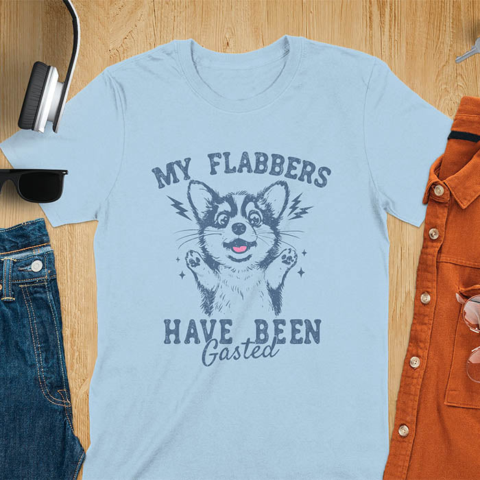 A light blue t-shirt with a bewildered corgi with its paws up. Text: MY FLABBERS above and HAVE BEEN GASTED below. This sarcastic tee-shirt features kawaiiness cuteness, a genz meme tee. A depress meme and anxiety tshirt, a funny gag gift. One of those shirts that go hard, a weirdcore memes and sad core aesthetic. A mom gift alternative.