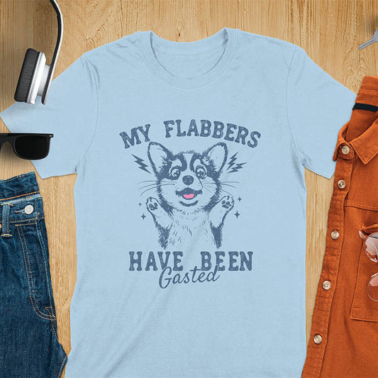 A light blue t-shirt with a bewildered corgi with its paws up. Text: MY FLABBERS above and HAVE BEEN GASTED below. This sarcastic tee-shirt features kawaiiness cuteness, a genz meme tee. A depress meme and anxiety tshirt, a funny gag gift. One of those shirts that go hard, a weirdcore memes and sad core aesthetic. A mom gift alternative.