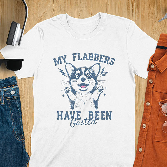 A white t-shirt with a bewildered corgi with its paws up. Text: MY FLABBERS above and HAVE BEEN GASTED below. This sarcastic tee-shirt features kawaiiness cuteness, a genz meme tee. A depress meme and anxiety tshirt, a funny gag gift. One of those shirts that go hard, a weirdcore memes and sad core aesthetic. A mom gift alternative.