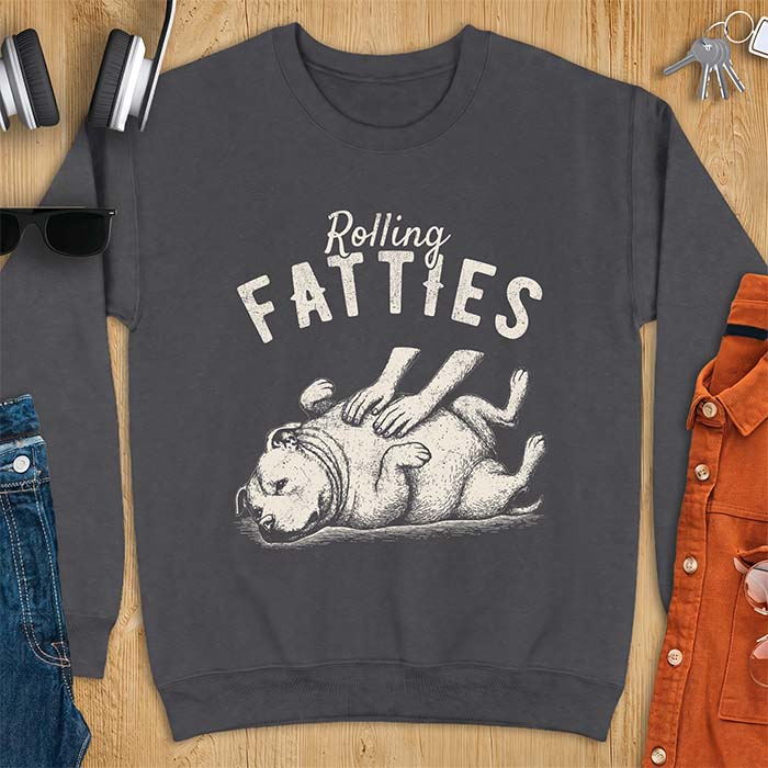 Dark Heather sweatshirt with a vintage illustration of a pitbull rolled onto its back getting a belly rub, with the text Rolling Fatties arched above it