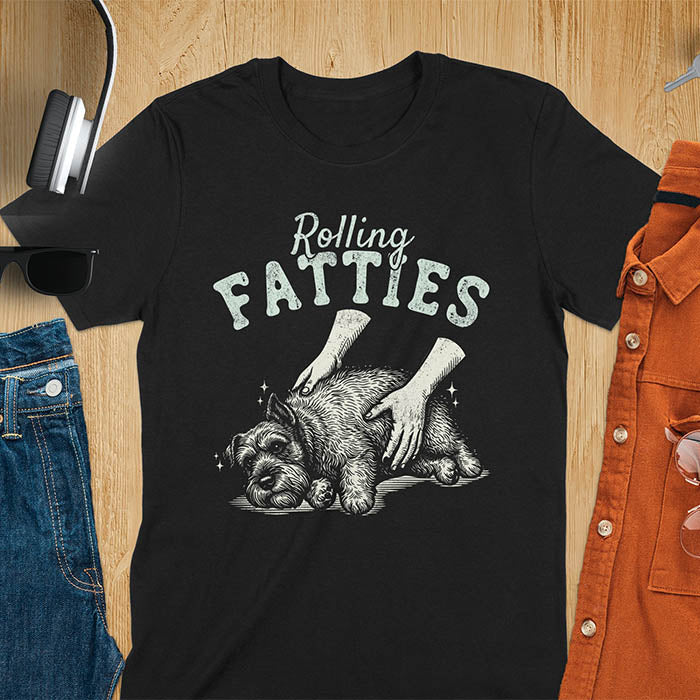 Black t-shirt with Rolling Fatties text and chubby Schnauzer getting belly rubs illustration
