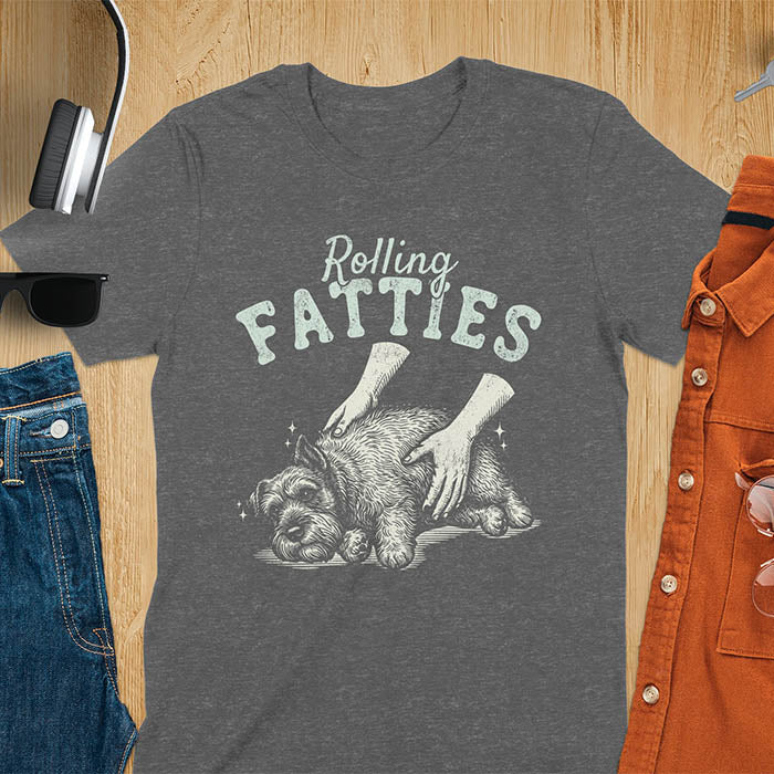 Dark heather t-shirt with Rolling Fatties text and chubby Schnauzer getting belly rubs illustration
