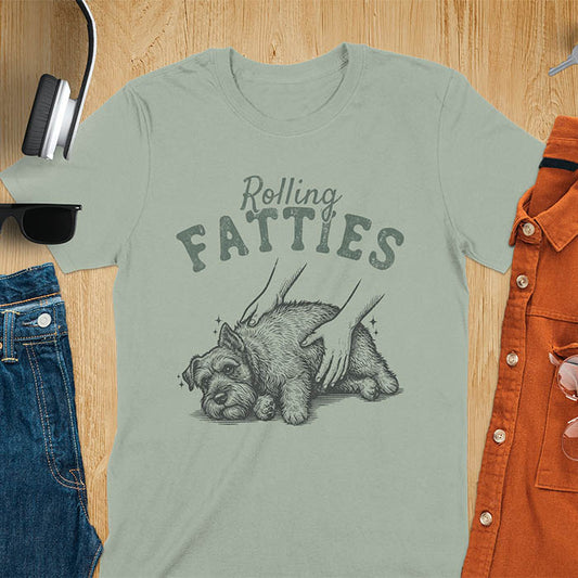 Sage green t-shirt with Rolling Fatties text and chubby Schnauzer getting belly rubs illustration