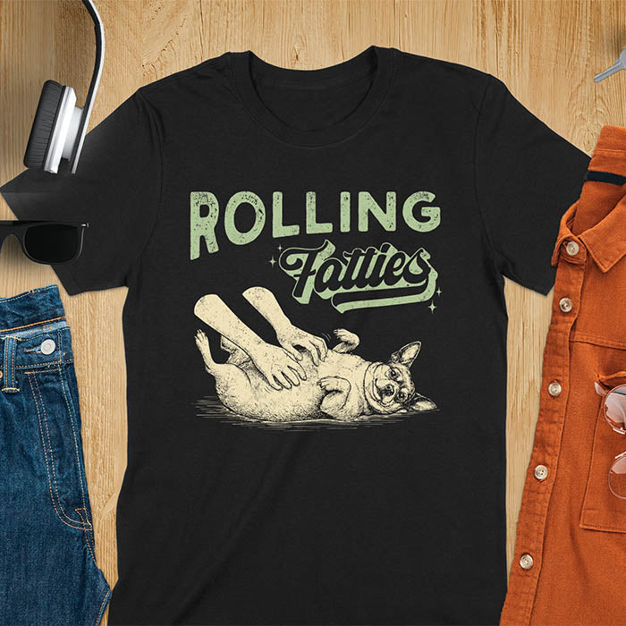 Rolling Fatties vintage text with illustration of chunky terrier lying on back getting belly rubs from human hands
