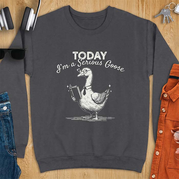 Dark Heather sweatshirt with an illustration of a goose wearing round glasses and a necktie, holding an open book, next to sparkle accents and the text Today I'm A Serious Goose.