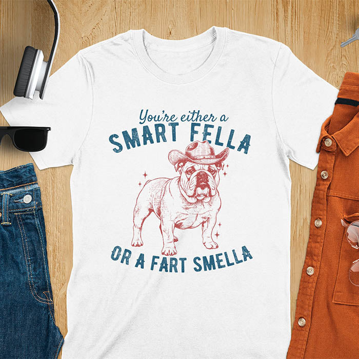 Smart Fella or Fart Smella vintage 90s meme t-shirt with English bulldog wearing cowboy hat on white tee