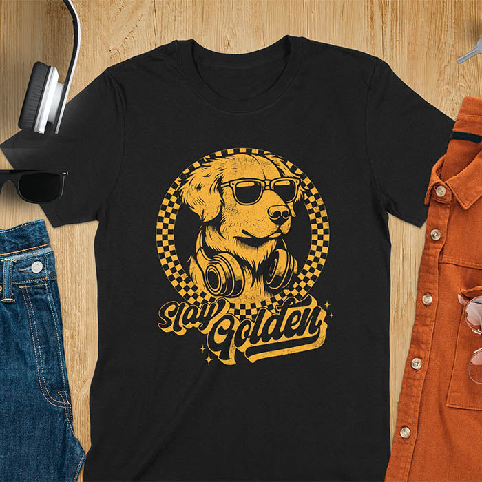 Stay Golden vintage Golden Retriever wearing sunglasses and headphones on black t-shirt