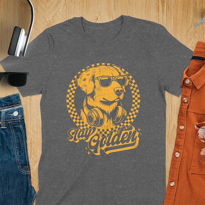 Stay Golden vintage Golden Retriever wearing sunglasses and headphones on dark heather t-shirt