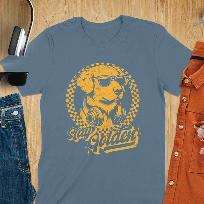 Stay Golden vintage Golden Retriever wearing sunglasses and headphones on indigo blue t-shirt